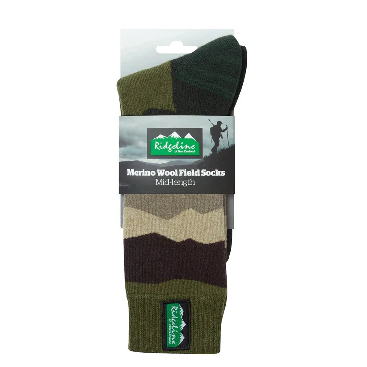 Ridgeline Mid Length Merino Wool Socks - Olive Stripes - Image 2